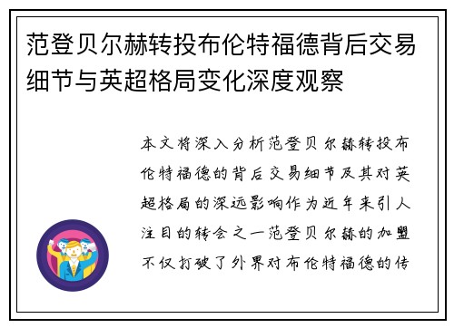 范登贝尔赫转投布伦特福德背后交易细节与英超格局变化深度观察